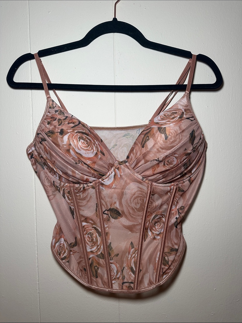 SHEIN Pink Floral Mesh Corset Tank Top